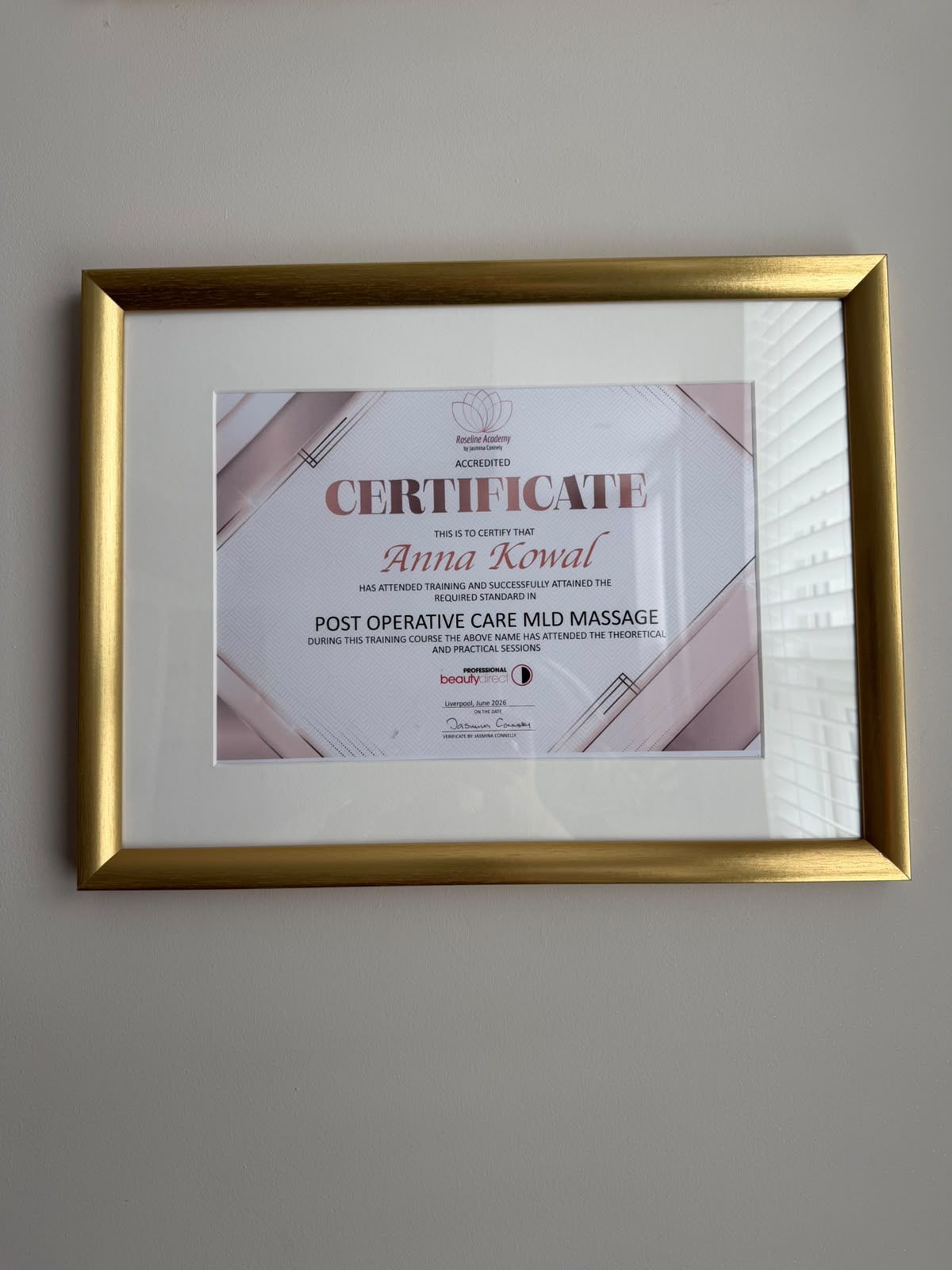 Anna Kowal Post Operative Care MLD Massage certificate, Roseline Academy Liverpool June 2026